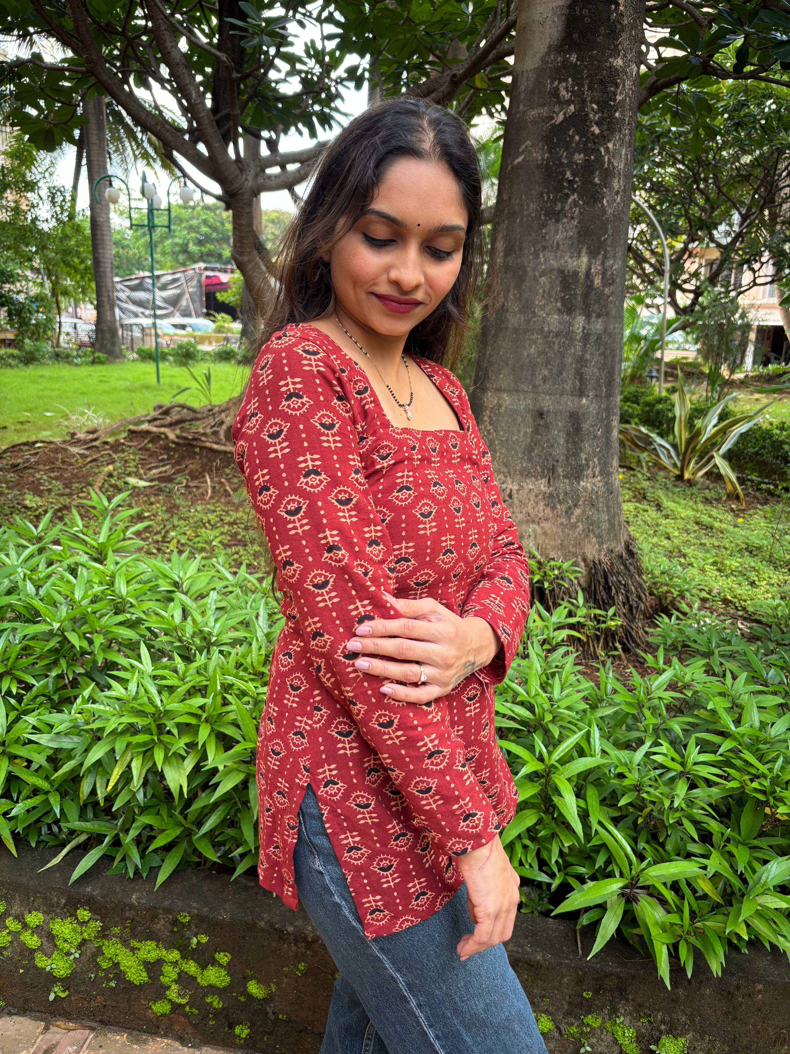 Maroon Printed Cotton Top – Everyday Elegance