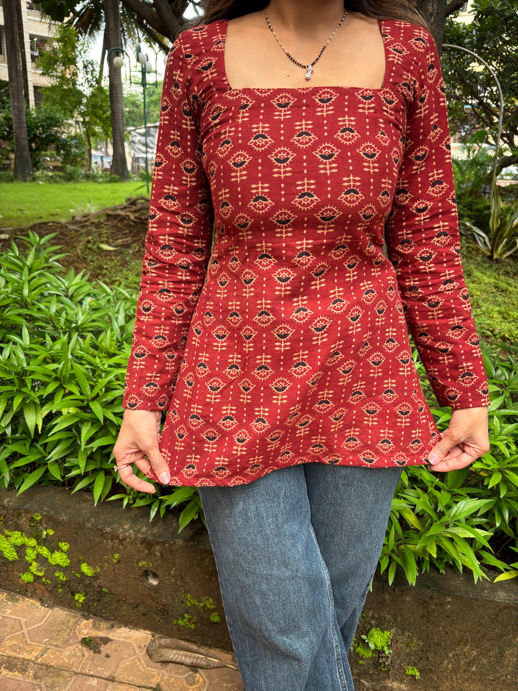 Maroon Printed Cotton Top – Everyday Elegance