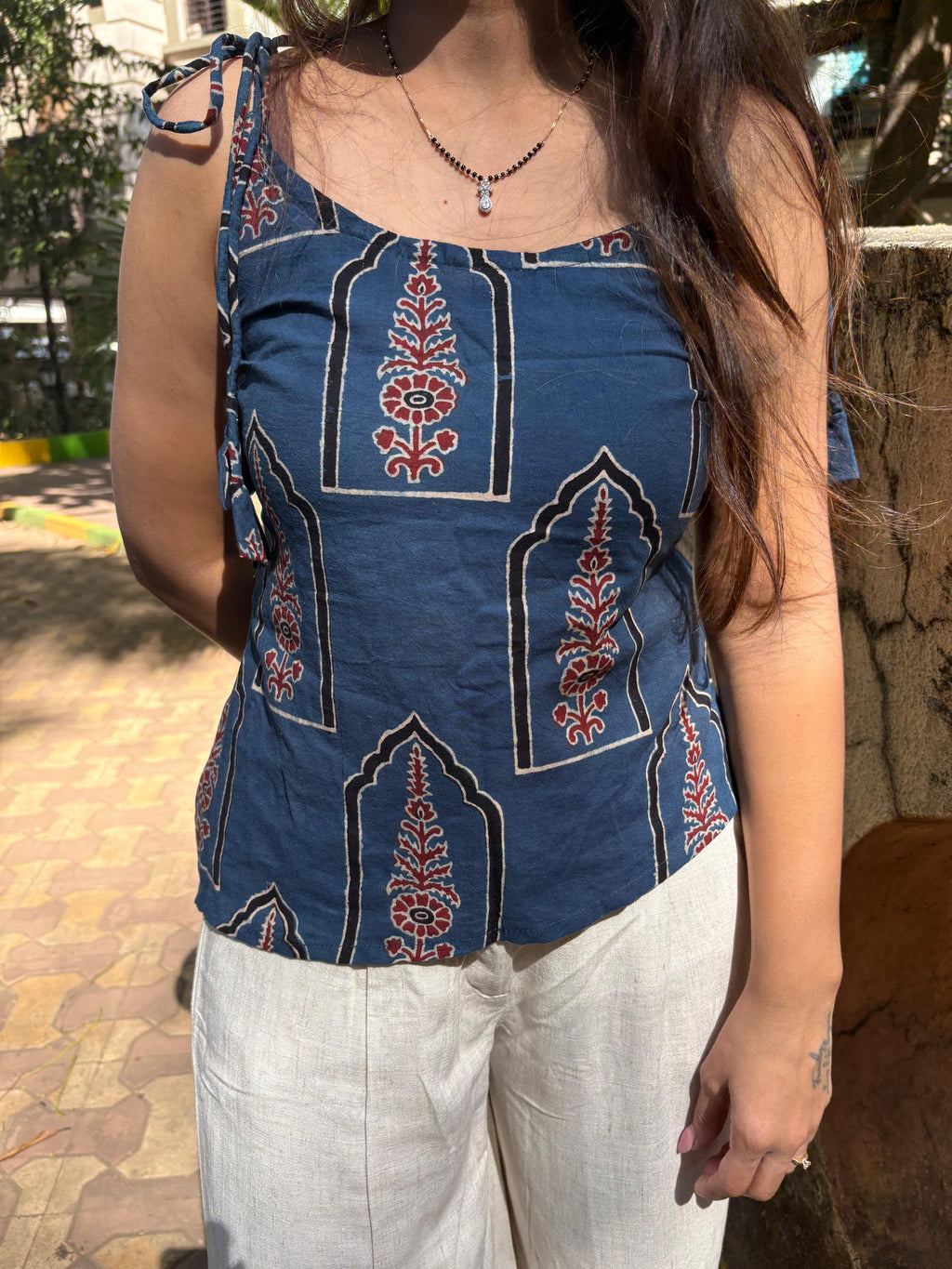 Blue ethnic print tie-up top