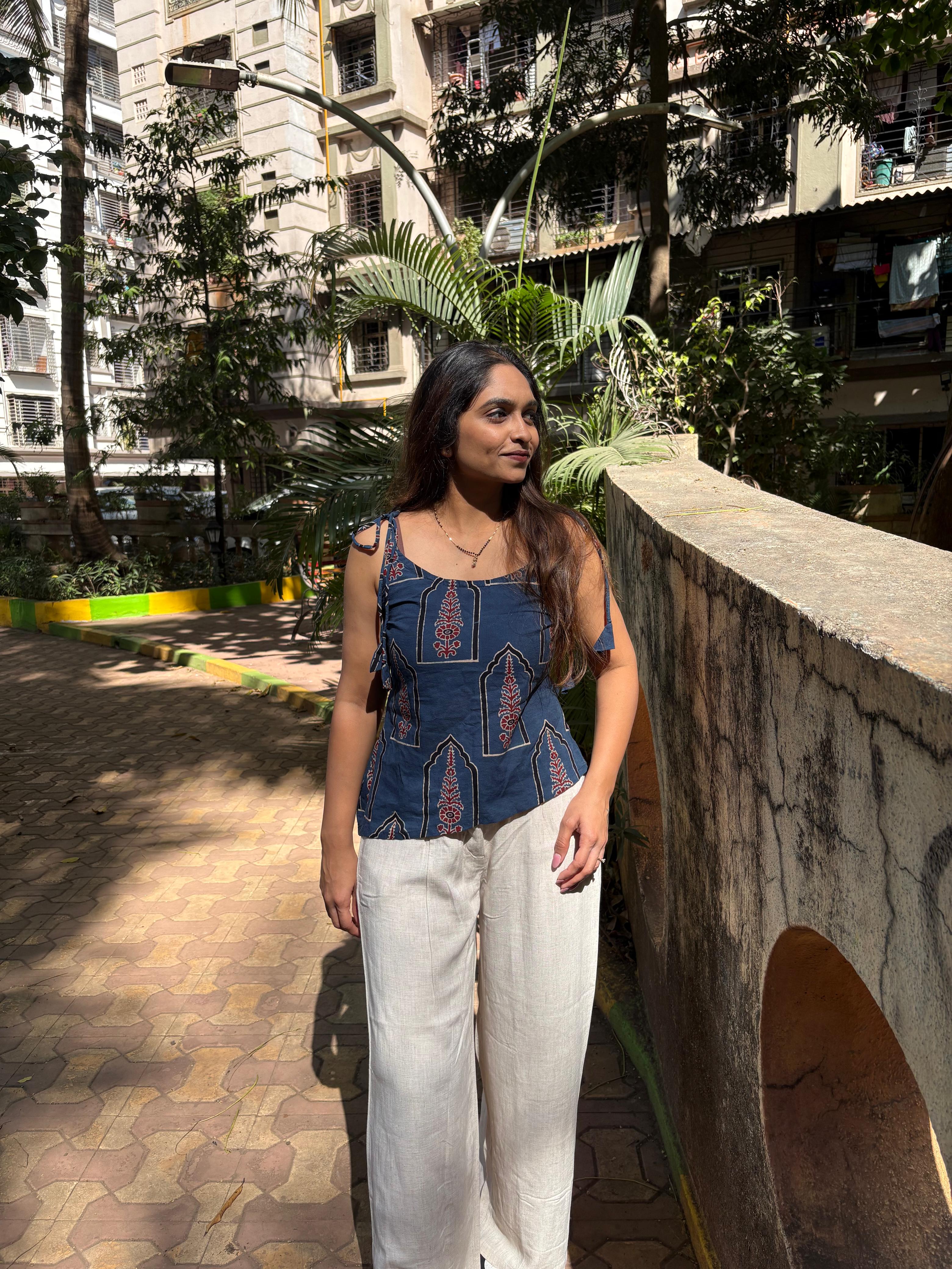 Blue ethnic print tie-up top