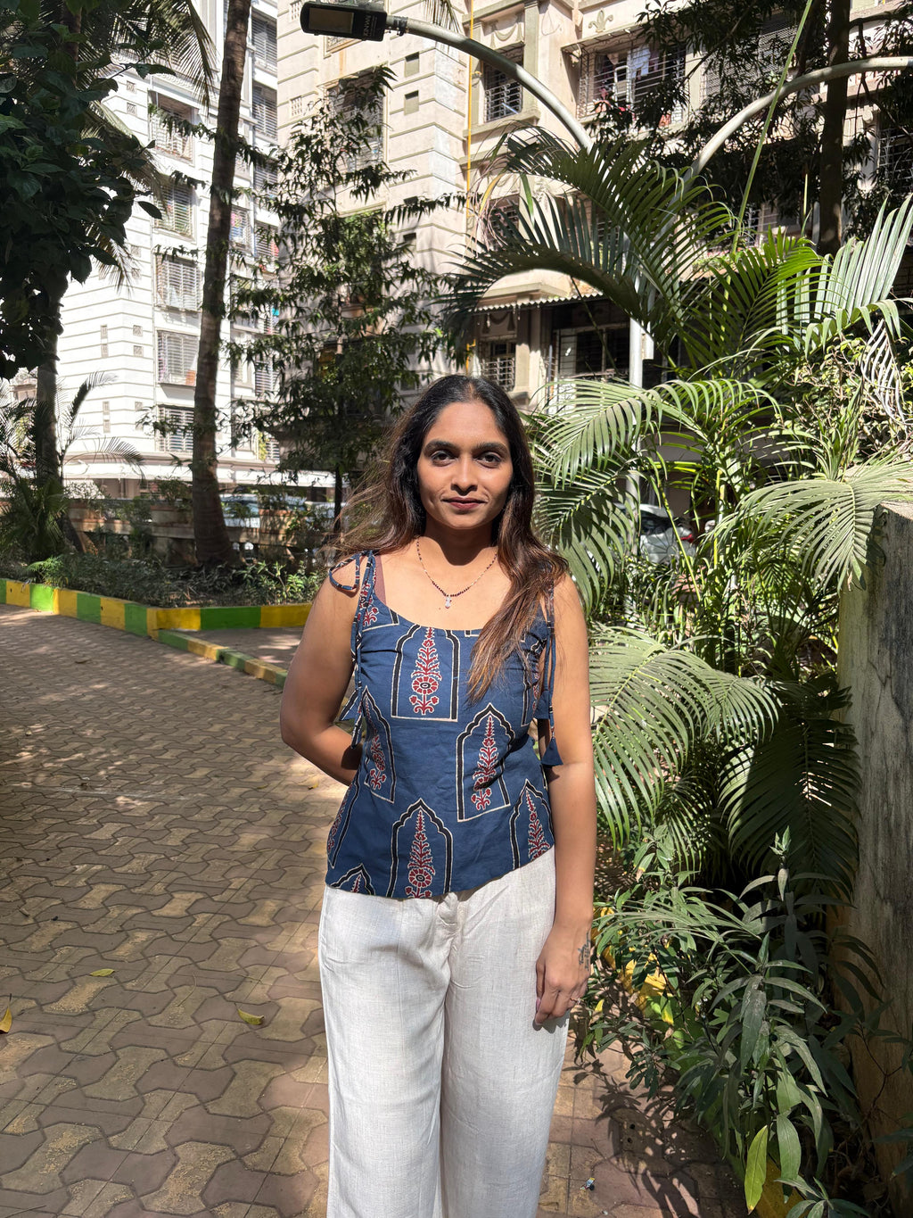 Blue ethnic print tie-up top