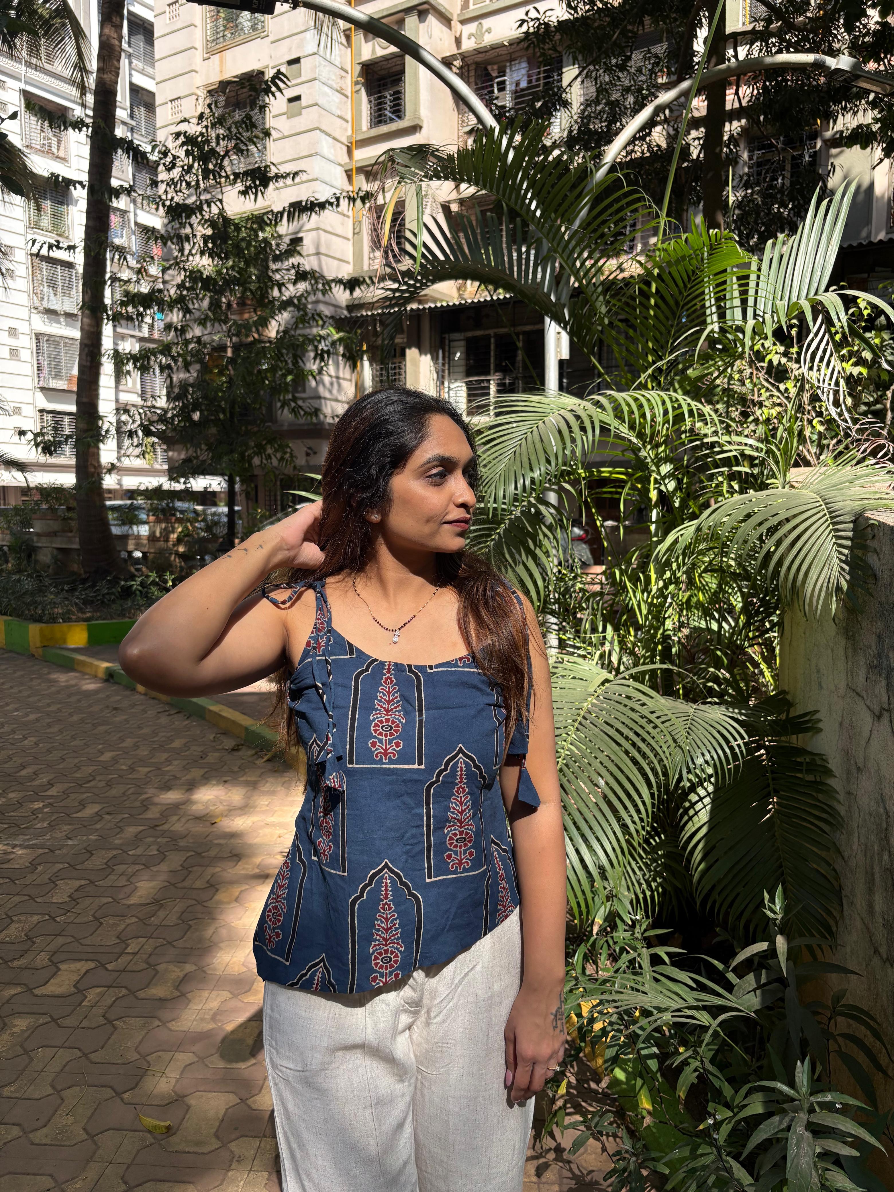 Blue ethnic print tie-up top