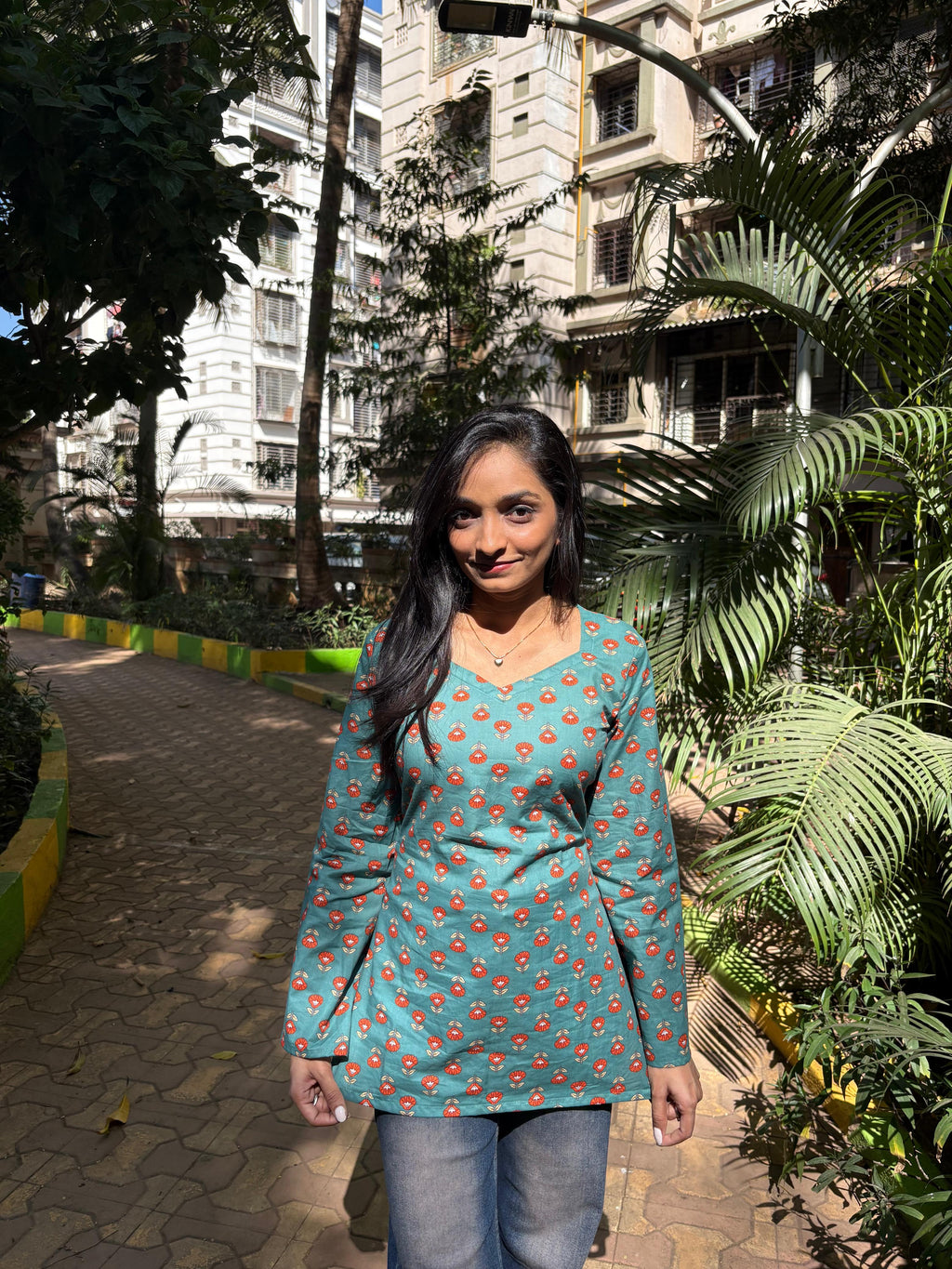 Teal Floral Tie-Back Short Kurti