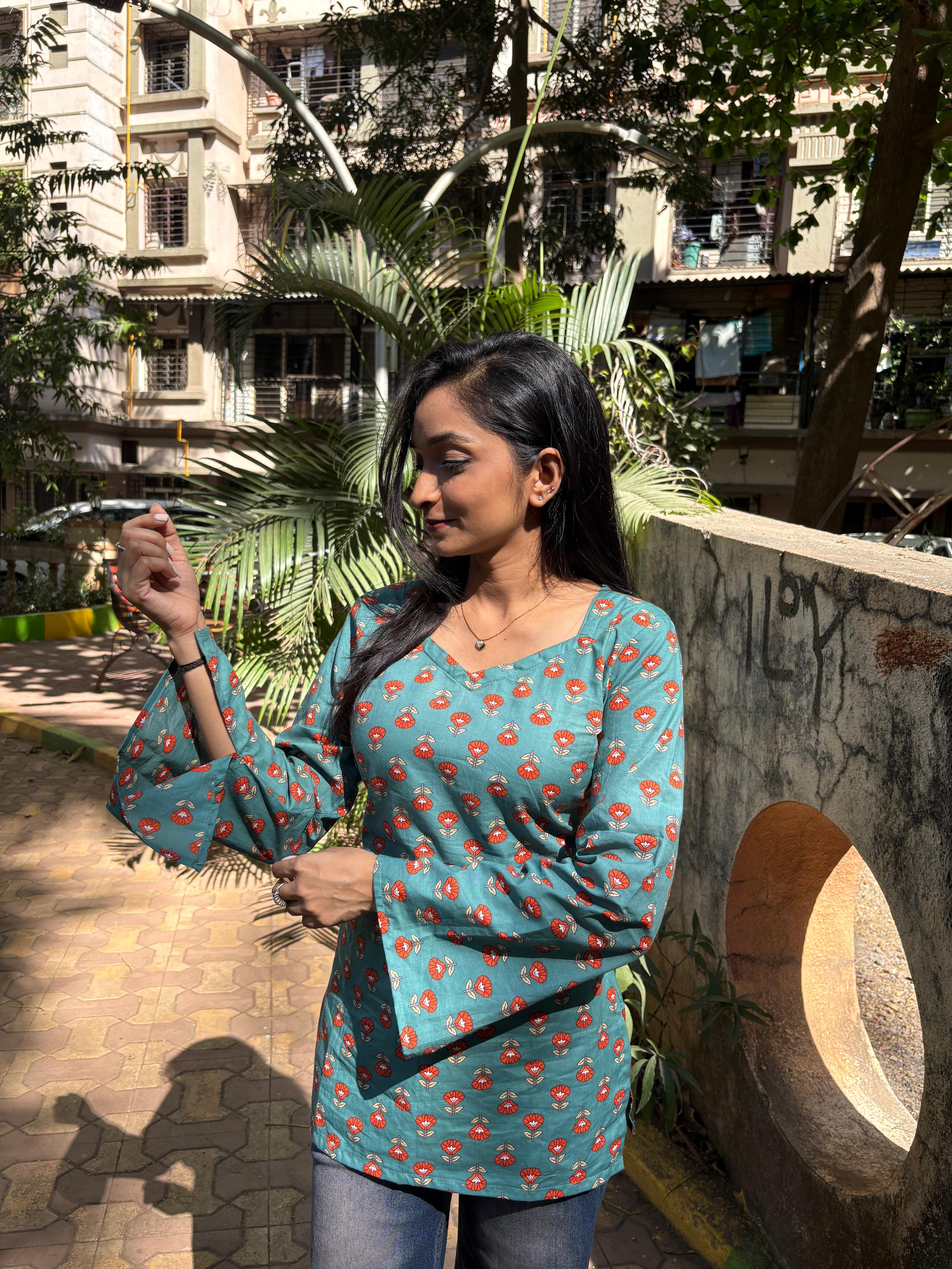 Teal Floral Tie-Back Short Kurti