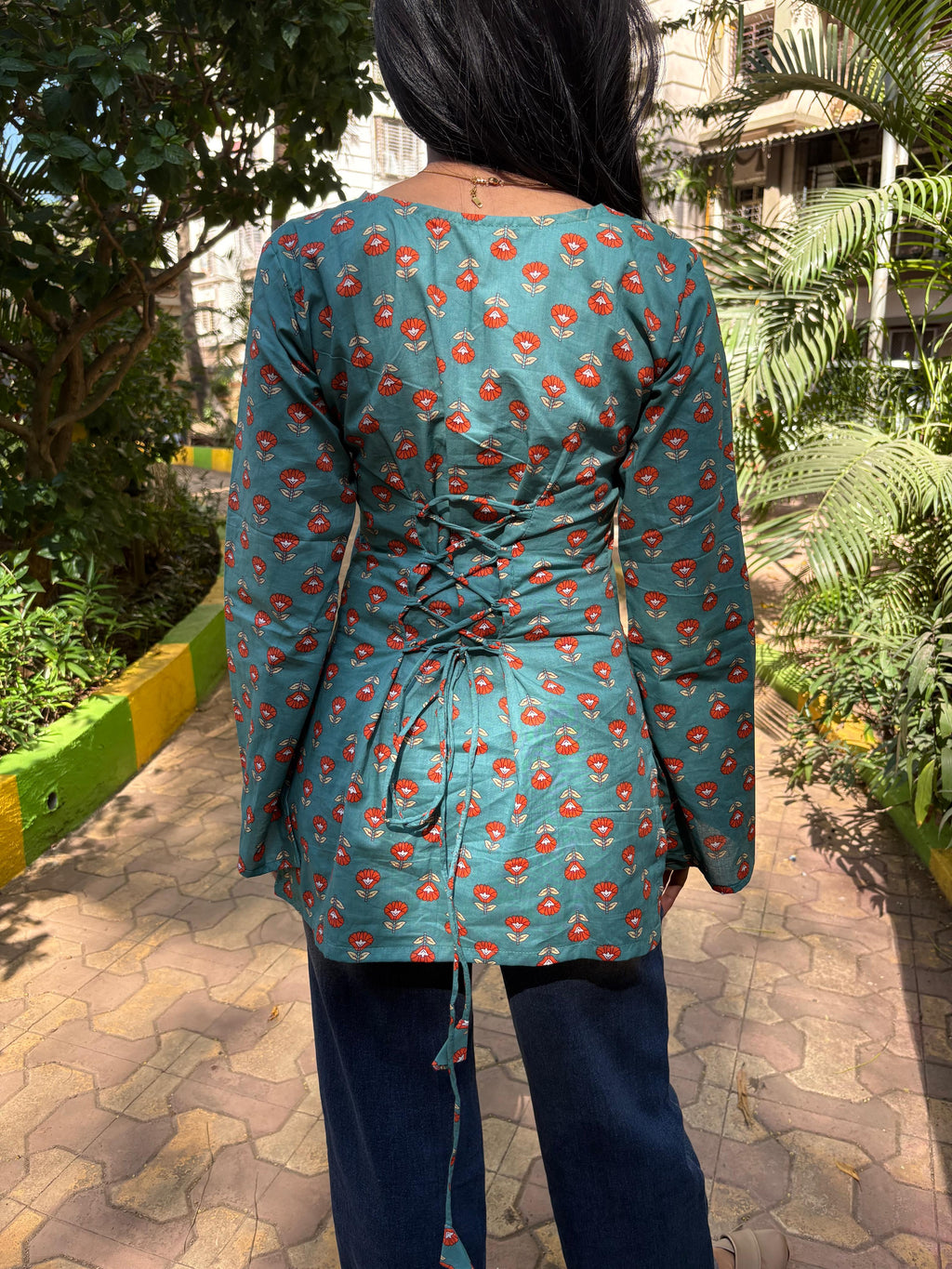 Teal Floral Tie-Back Short Kurti