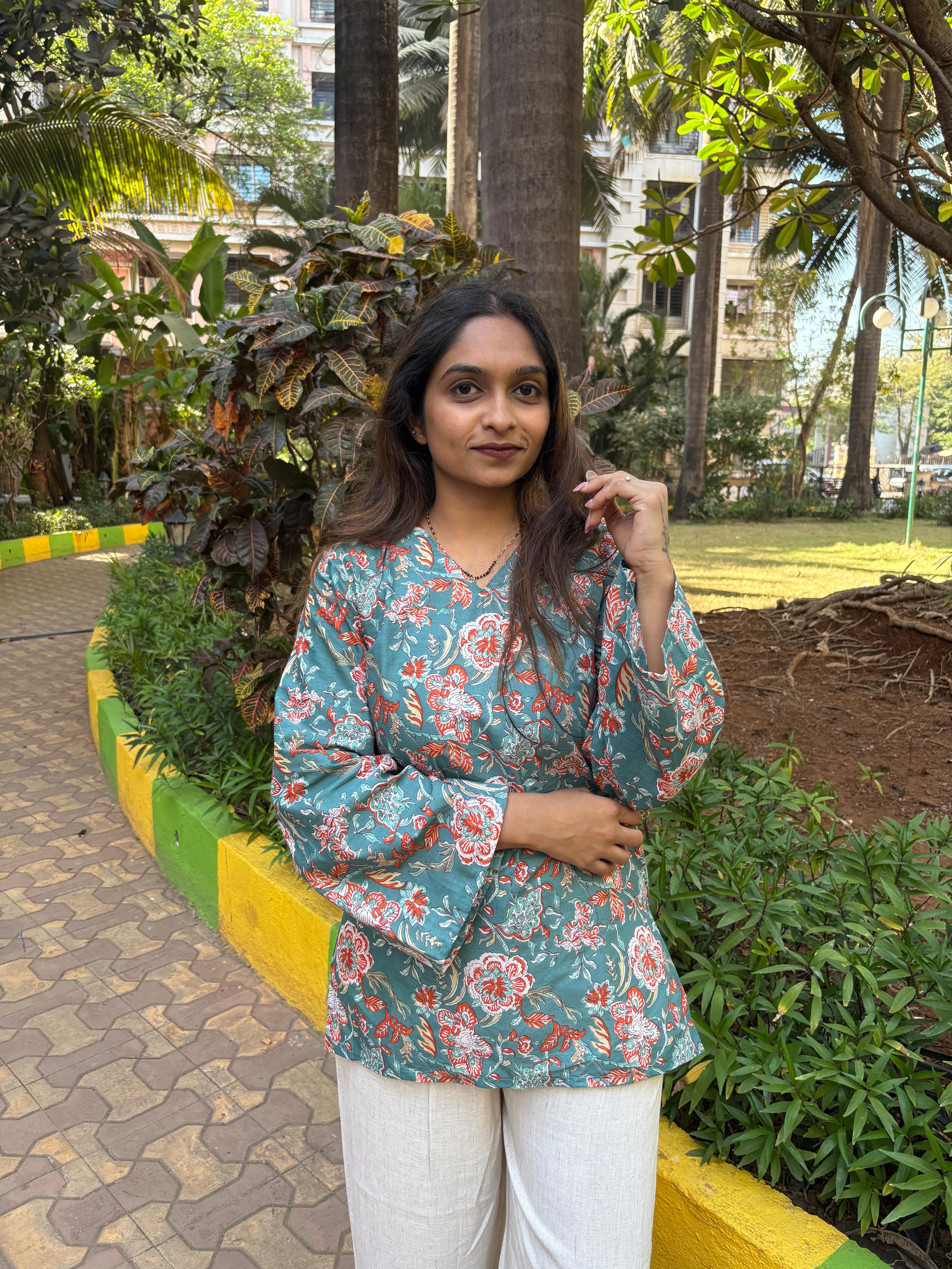 Teal Floral Bell Sleeve Short Kurti