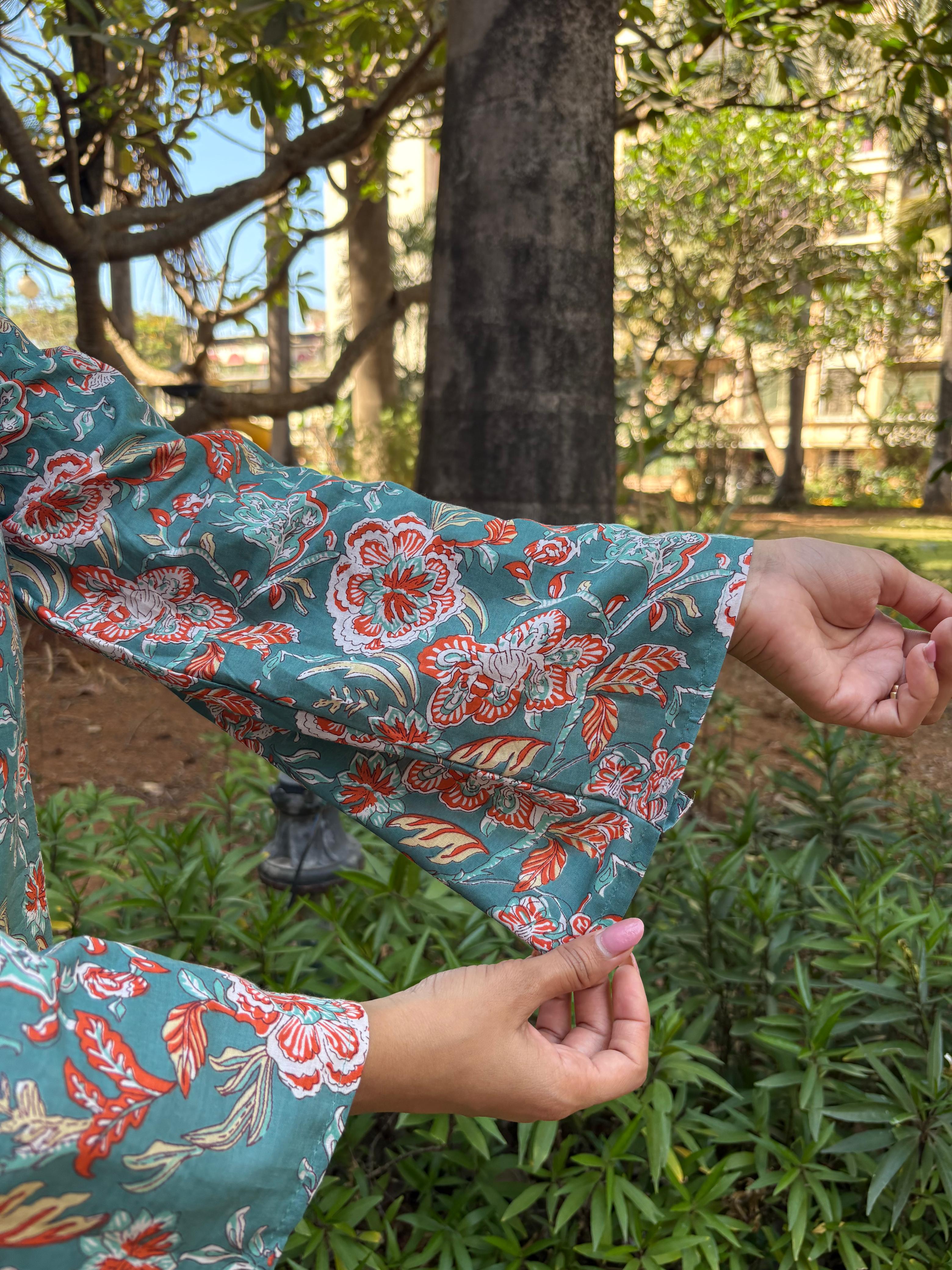 Teal Floral Bell Sleeve Short Kurti