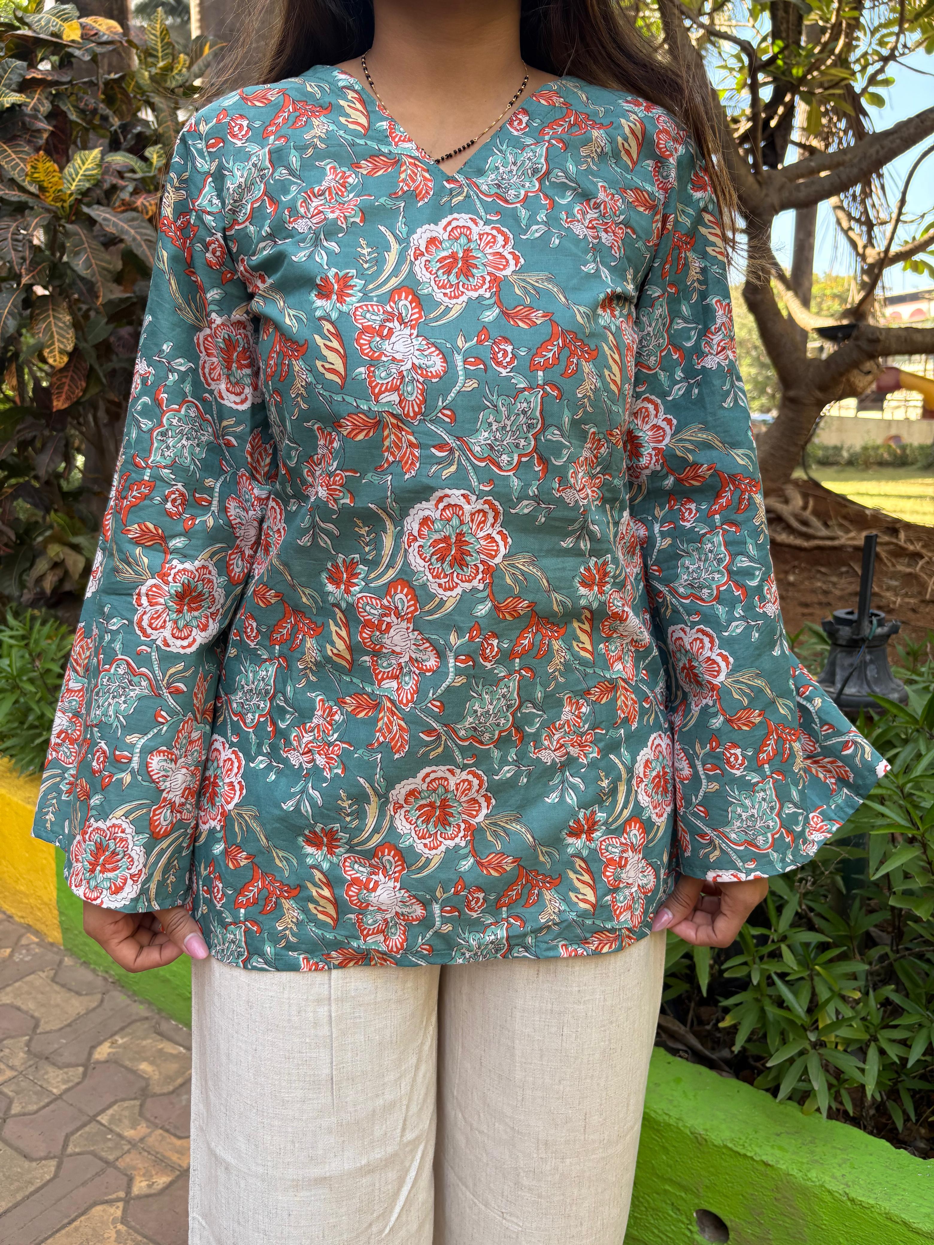Teal Floral Bell Sleeve Short Kurti