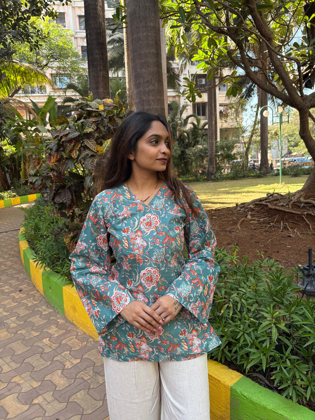 Teal Floral Bell Sleeve Short Kurti