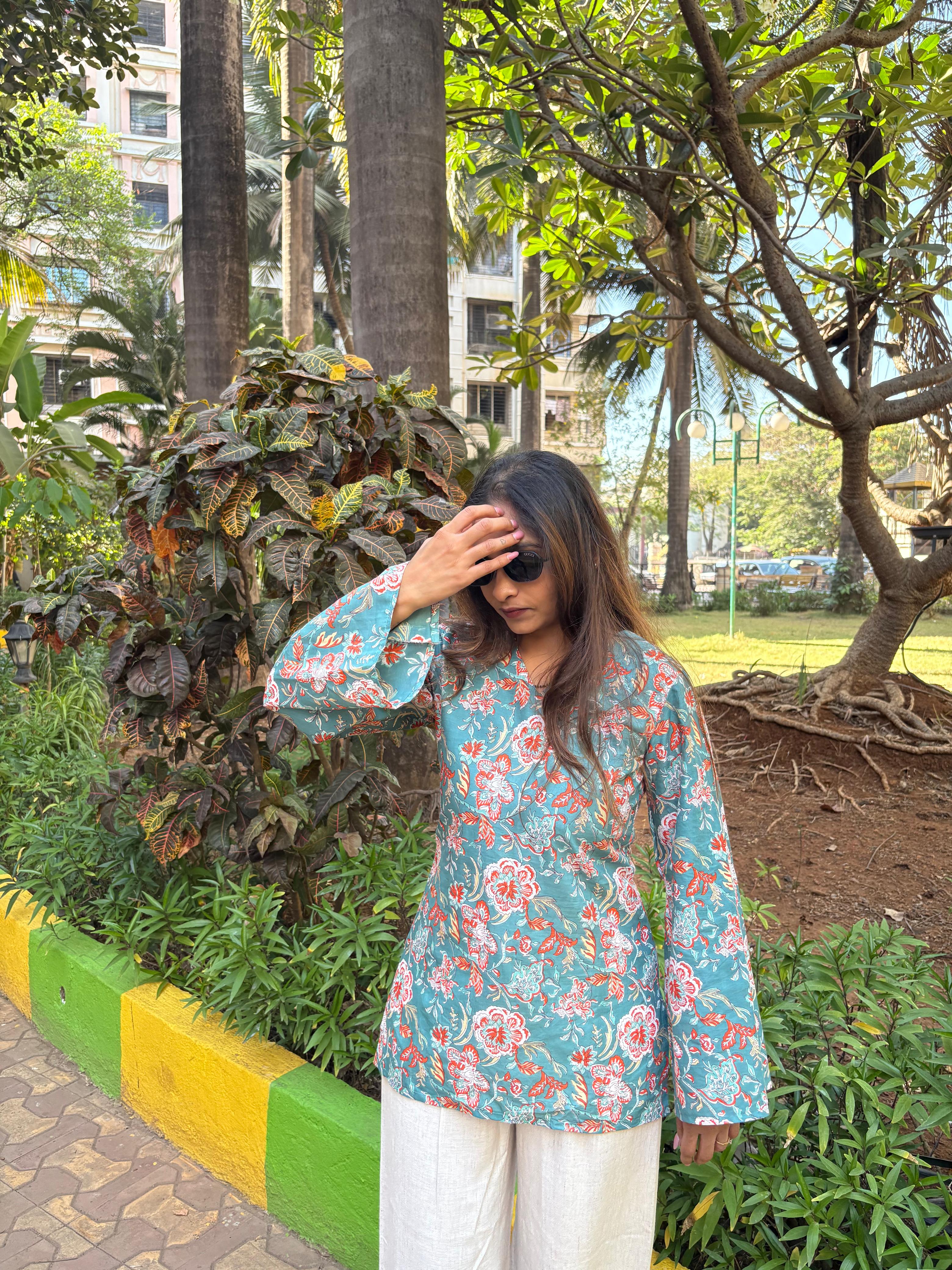 Teal Floral Bell Sleeve Short Kurti