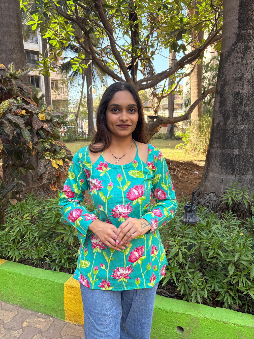 Aqua green Lotus Print Tie-Back Short Kurti