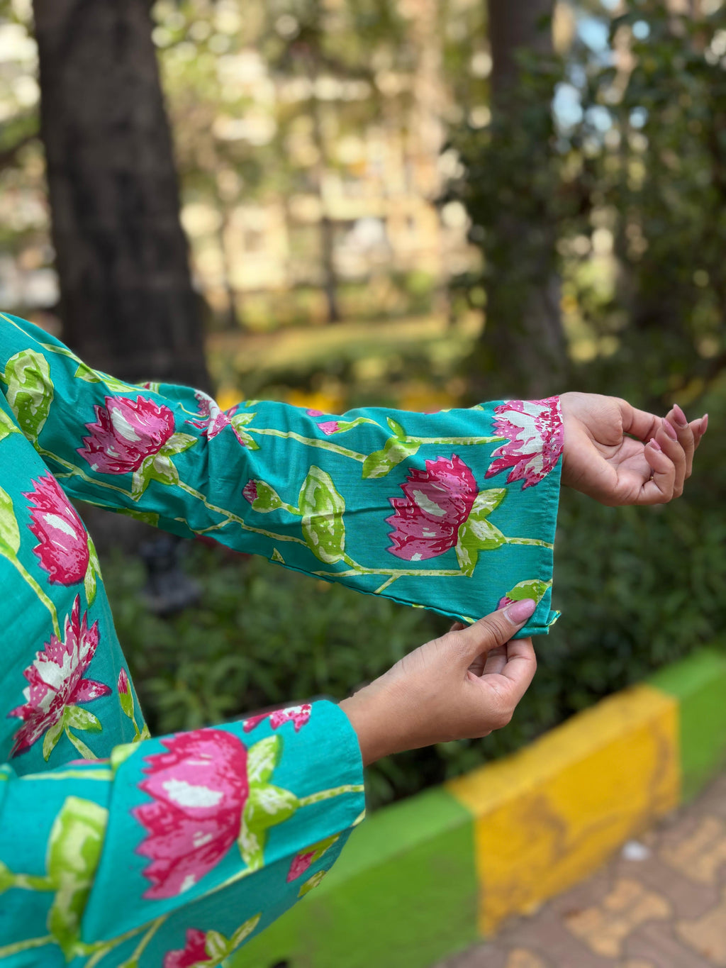 Aqua green Lotus Print Tie-Back Short Kurti