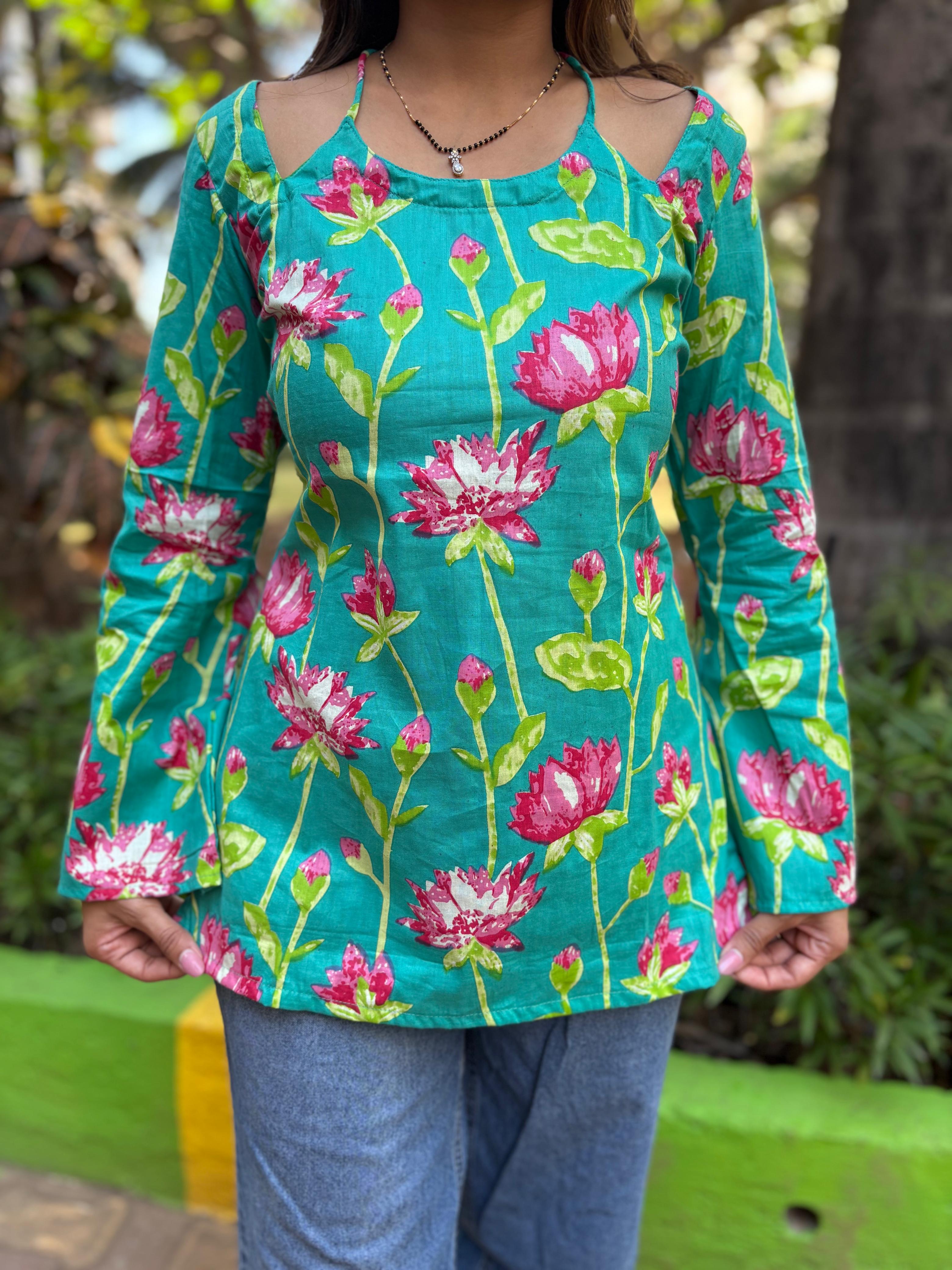 Aqua green Lotus Print Tie-Back Short Kurti