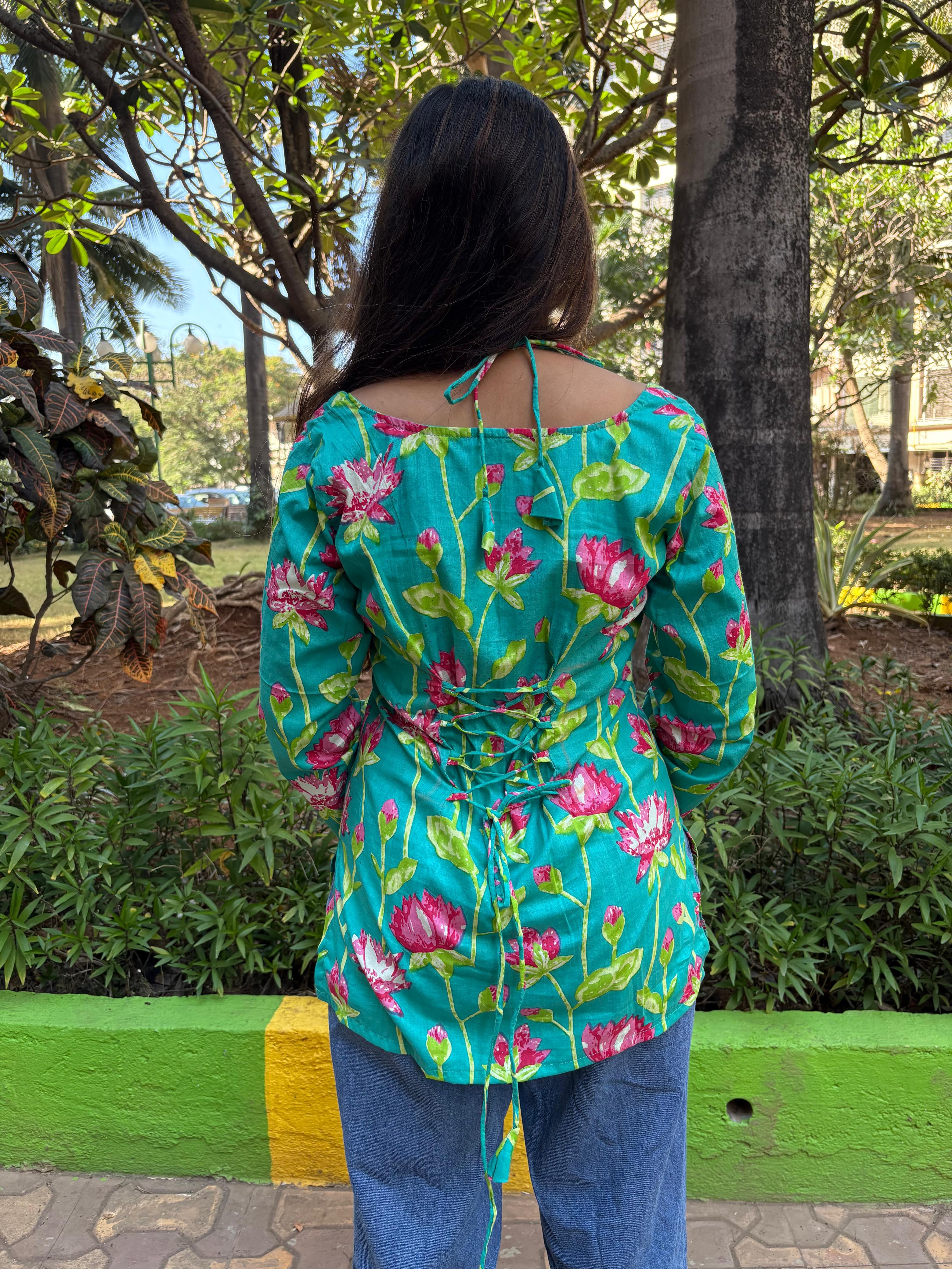 Aqua green Lotus Print Tie-Back Short Kurti