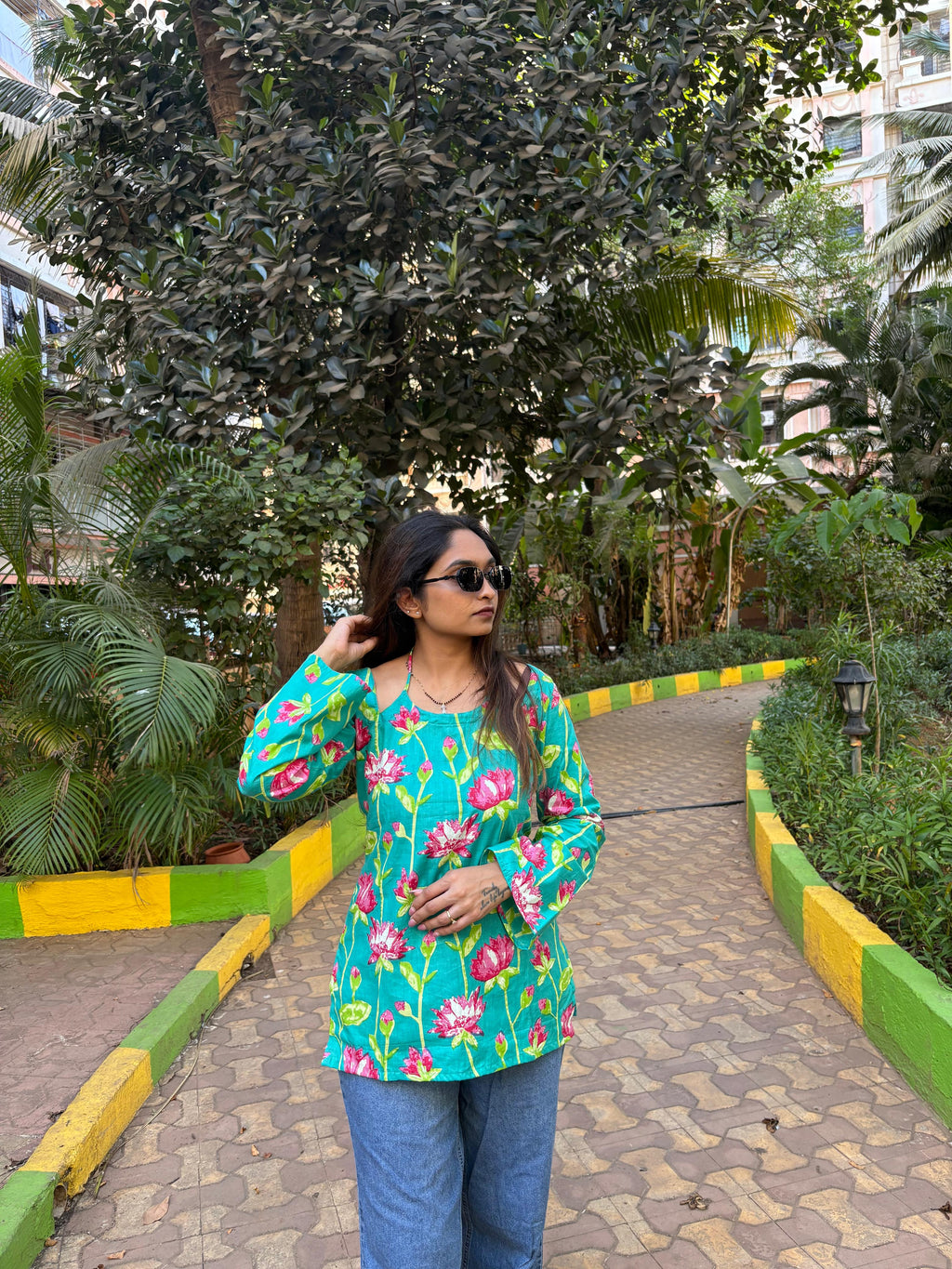 Aqua green Lotus Print Tie-Back Short Kurti