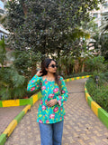 Aqua green Lotus Print Tie-Back Short Kurti