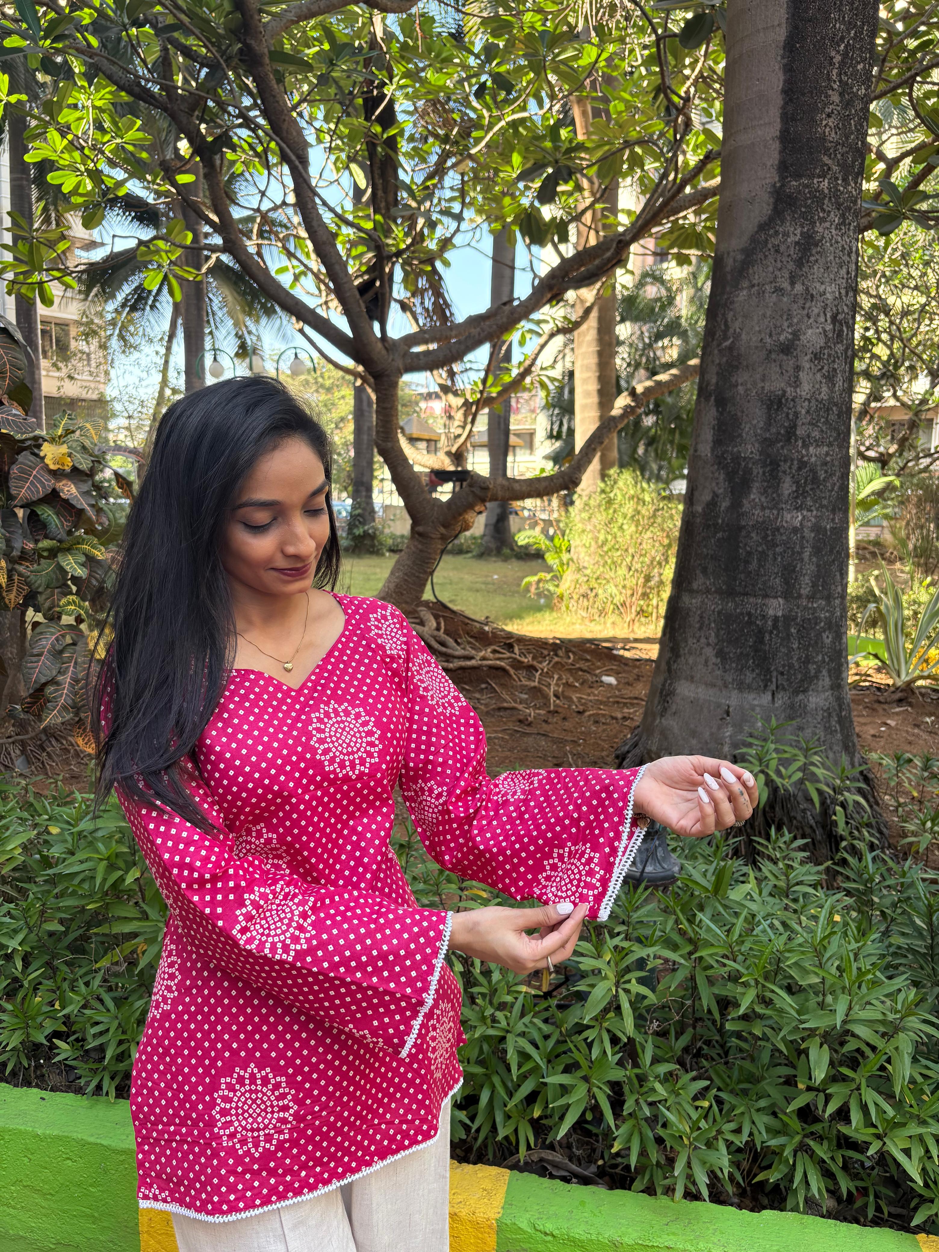 Rani Pink Printed Tie-Back Short Kurti