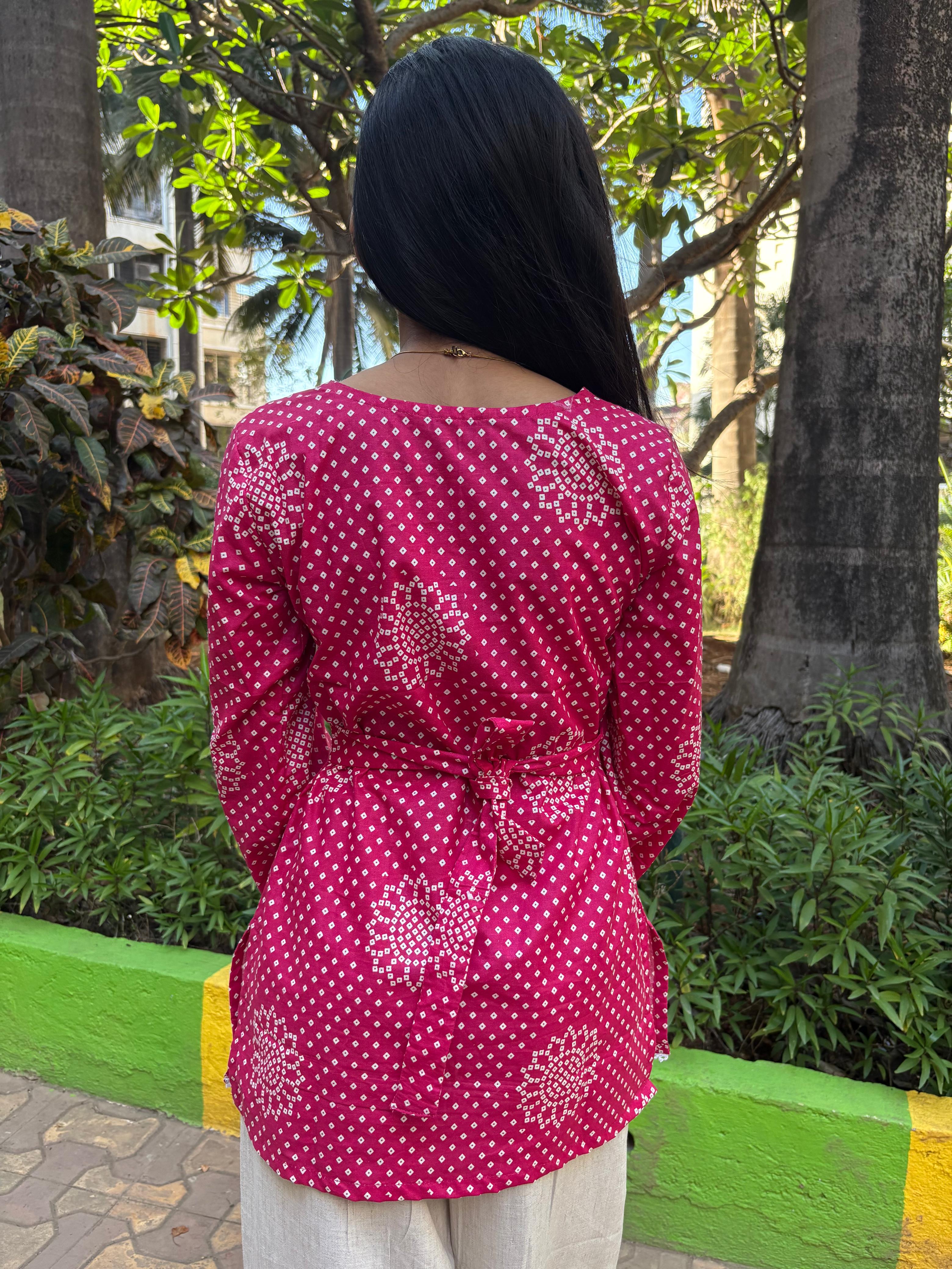 Rani Pink Printed Tie-Back Short Kurti