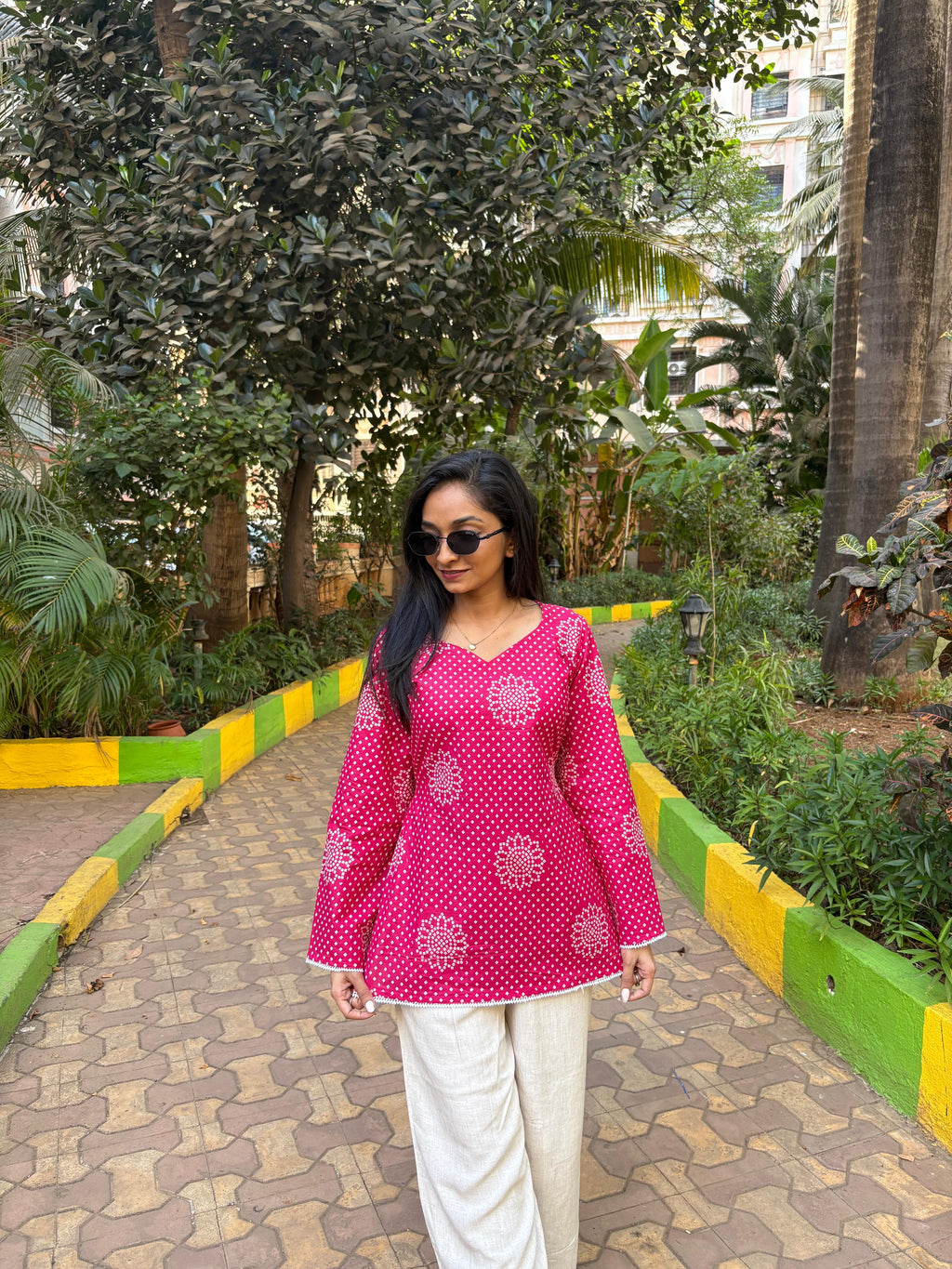 Rani Pink Printed Tie-Back Short Kurti